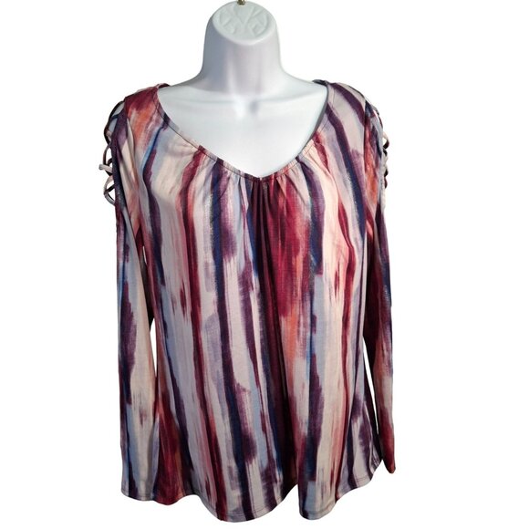 Jennifer Lopez Blouse M Tie Dye Long Sleeve V-Neck Slit Shoulder Boho Chic Retro - Picture 2 of 8